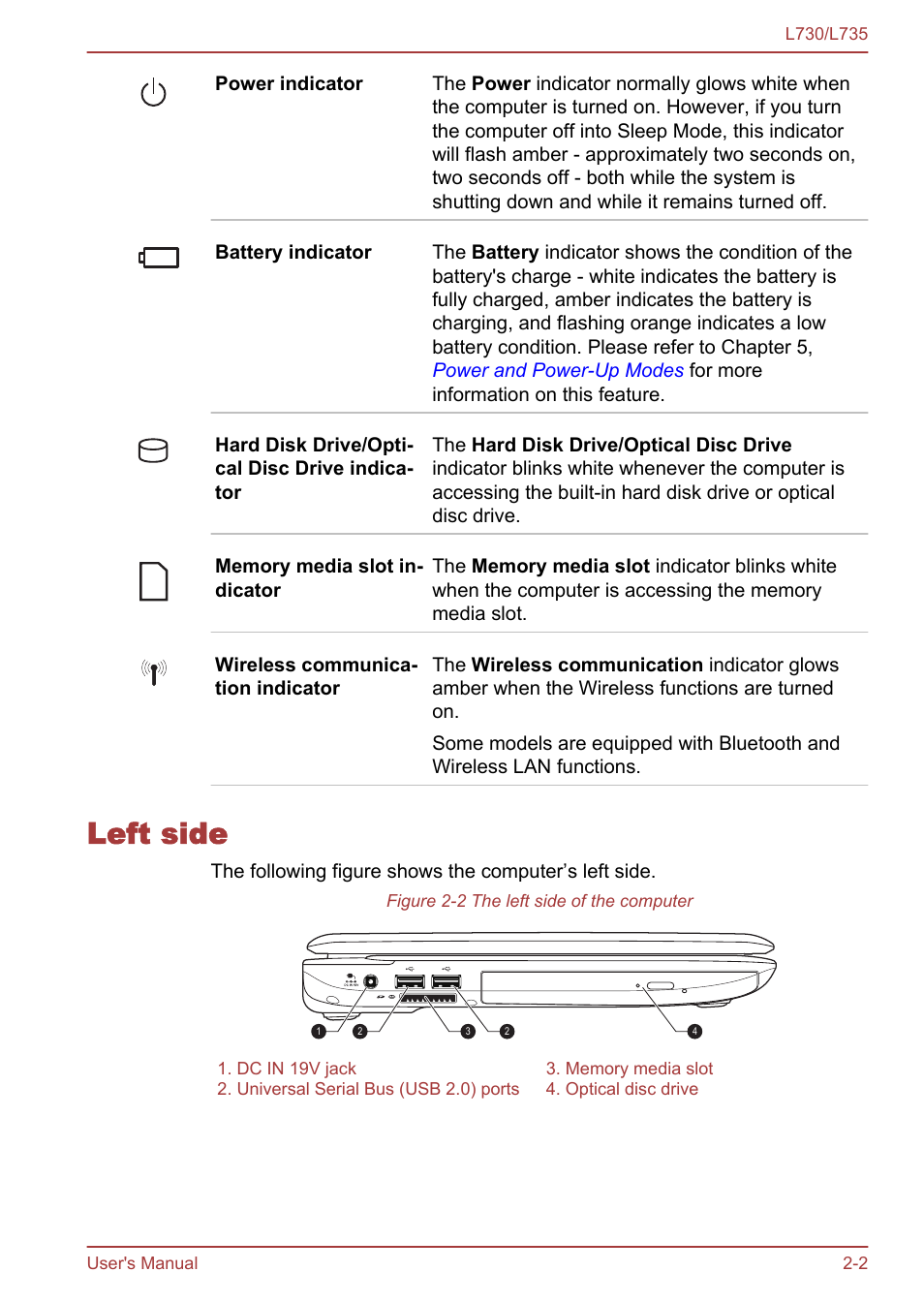 Left side, Left side -2 | Toshiba Satellite L730 User Manual | Page 27 / 161