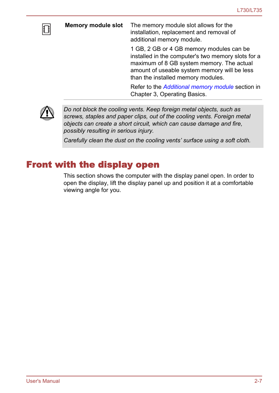 Front with the display open, Front with the display open -7 | Toshiba Satellite L730 User Manual | Page 32 / 161