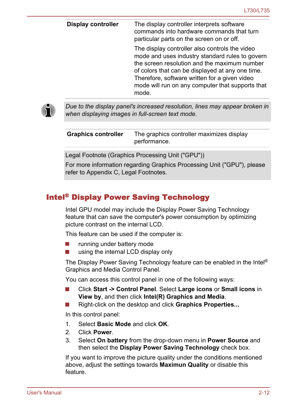 Intel® display power saving technology, Intel, Display power saving technology | Toshiba Satellite L730 User Manual | Page 37 / 161