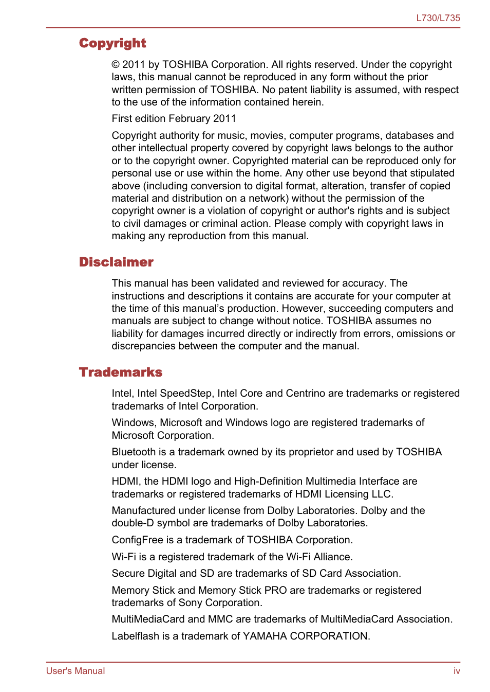 Toshiba Satellite L730 User Manual | Page 4 / 161