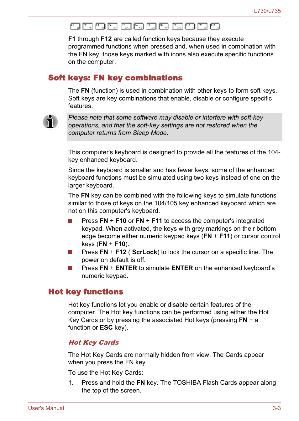 Soft keys: fn key combinations, Hot key functions | Toshiba Satellite L730 User Manual | Page 40 / 161