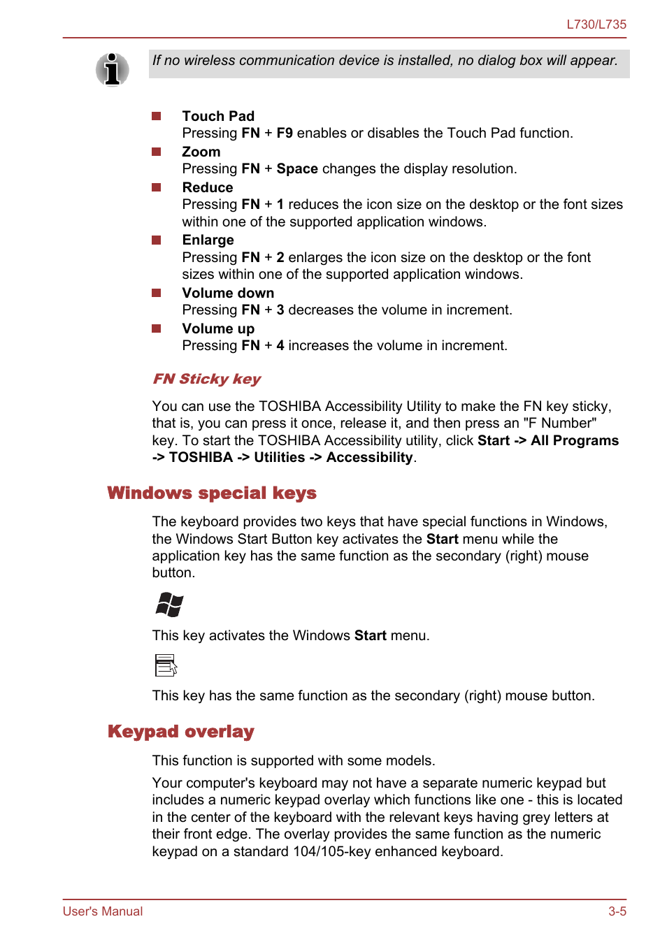 Windows special keys, Keypad overlay | Toshiba Satellite L730 User Manual | Page 42 / 161