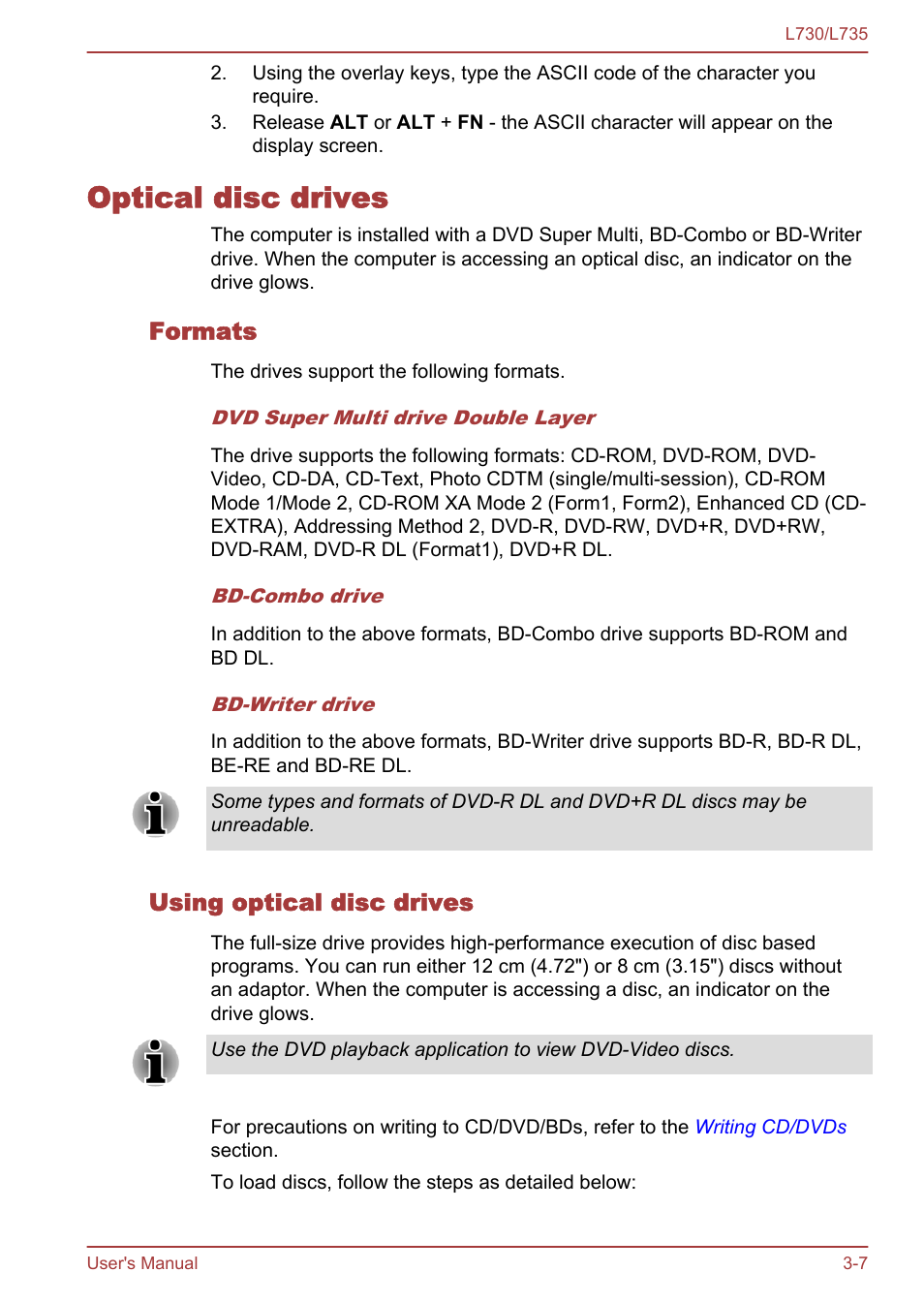 Optical disc drives, Formats, Using optical disc drives | Optical disc drives -7 | Toshiba Satellite L730 User Manual | Page 44 / 161