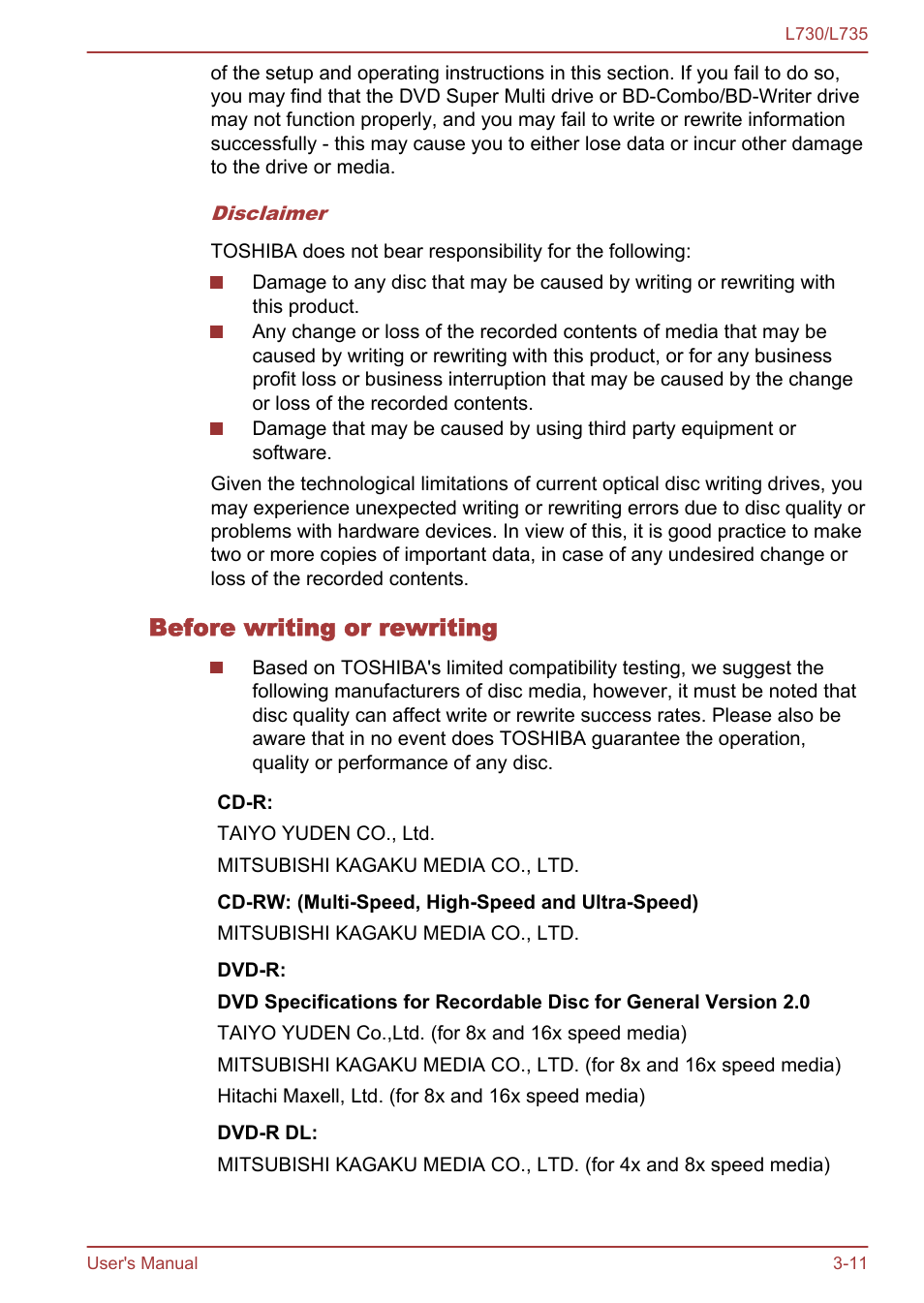Before writing or rewriting | Toshiba Satellite L730 User Manual | Page 48 / 161