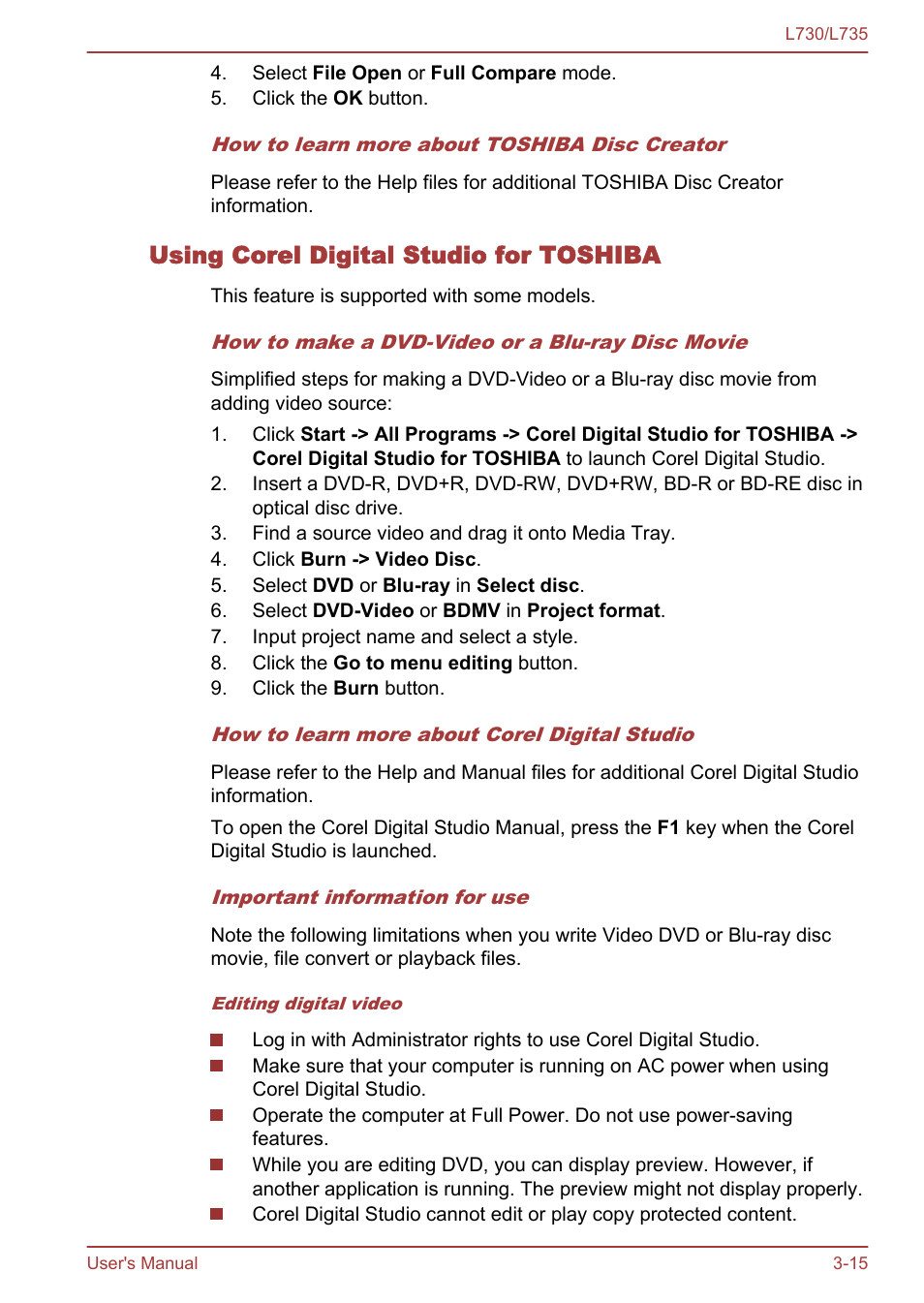 Using corel digital studio for toshiba | Toshiba Satellite L730 User Manual | Page 52 / 161