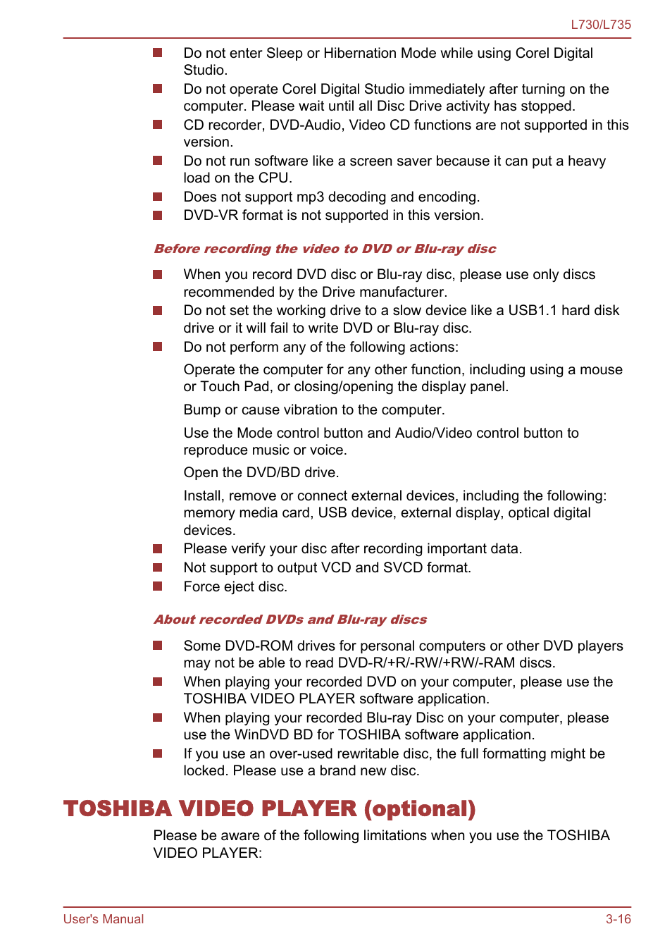 Toshiba video player (optional), Toshiba video player (optional) -16 | Toshiba Satellite L730 User Manual | Page 53 / 161