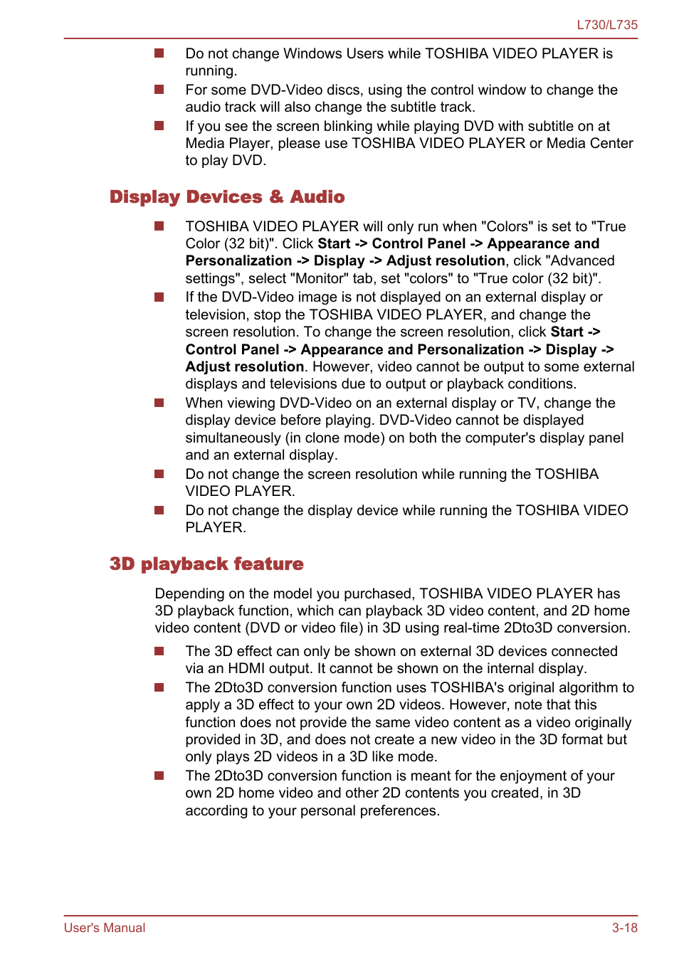 Display devices & audio, 3d playback feature | Toshiba Satellite L730 User Manual | Page 55 / 161