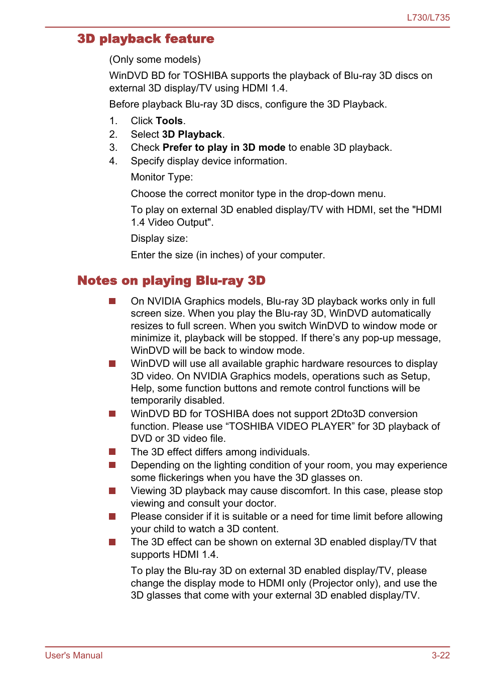 3d playback feature, Notes on playing blu-ray 3d | Toshiba Satellite L730 User Manual | Page 59 / 161