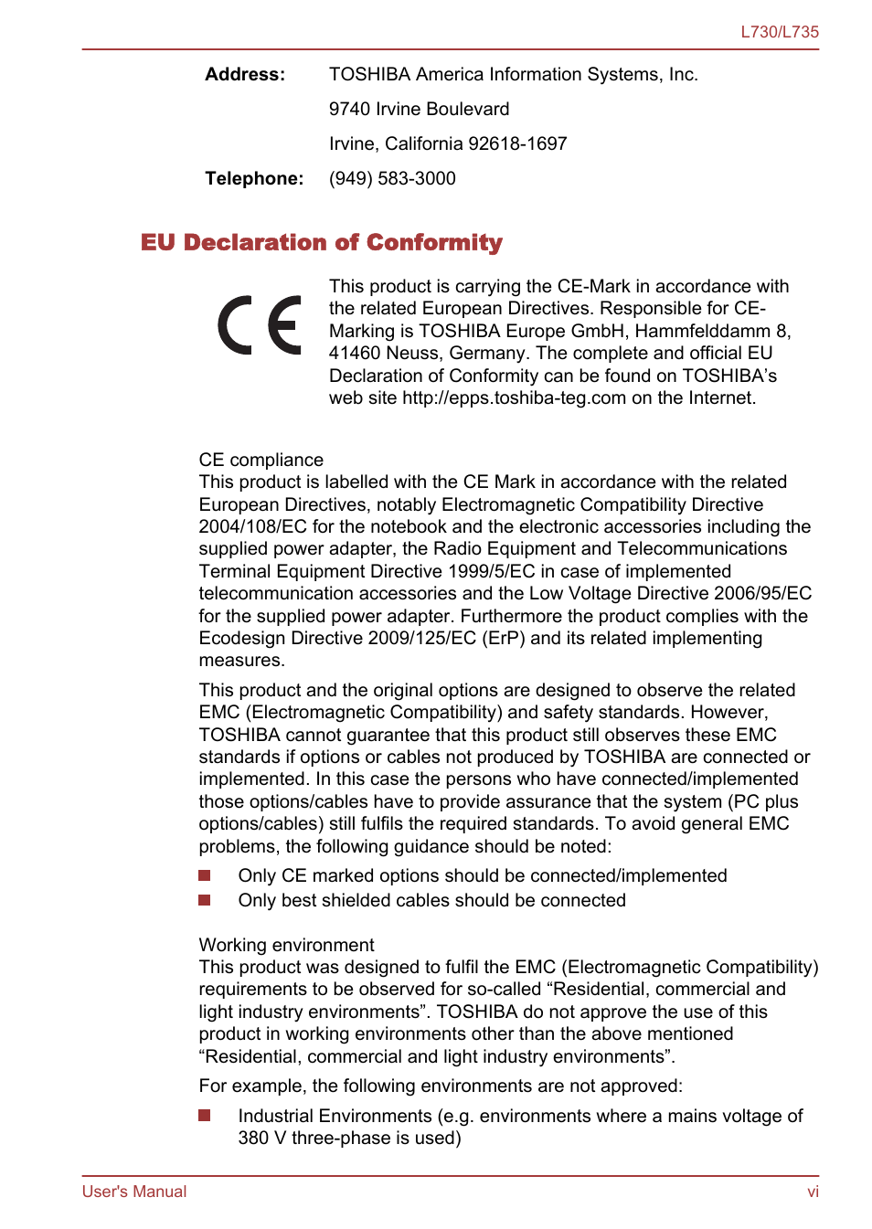 Eu declaration of conformity | Toshiba Satellite L730 User Manual | Page 6 / 161