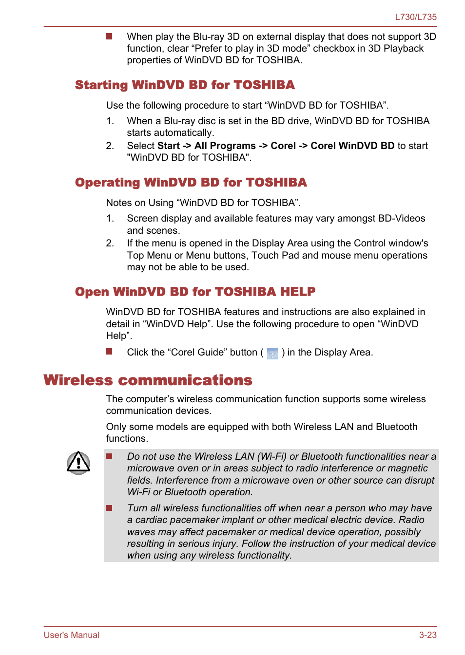 Starting windvd bd for toshiba, Operating windvd bd for toshiba, Open windvd bd for toshiba help | Wireless communications, Wireless communications -23 | Toshiba Satellite L730 User Manual | Page 60 / 161