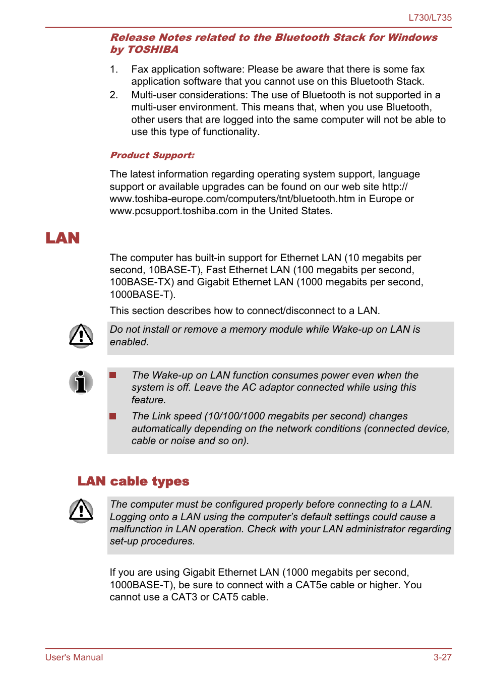 Lan cable types, Lan -27 | Toshiba Satellite L730 User Manual | Page 64 / 161