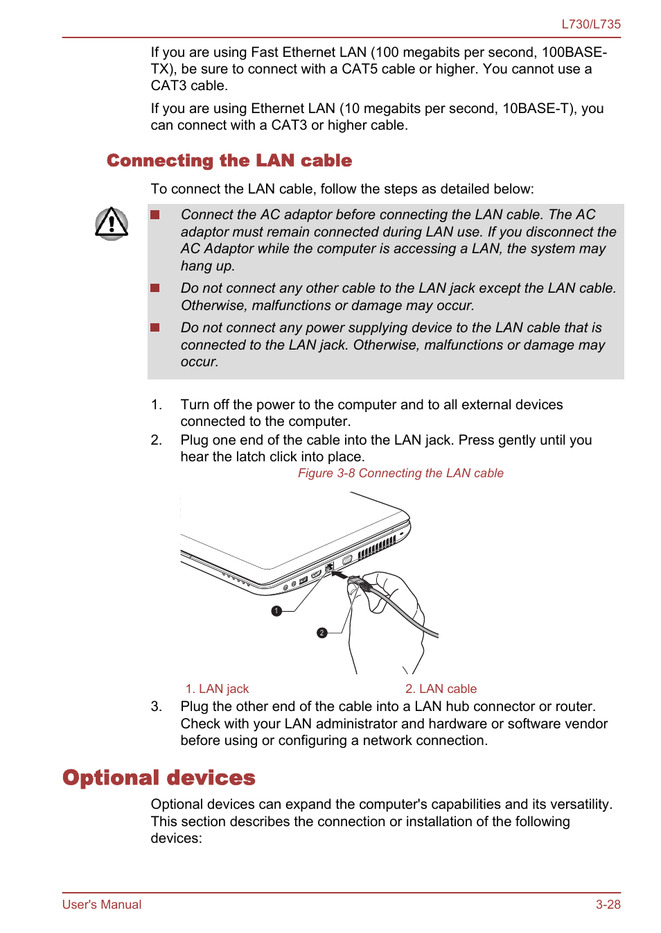 Connecting the lan cable, Optional devices, Optional devices -28 | Toshiba Satellite L730 User Manual | Page 65 / 161