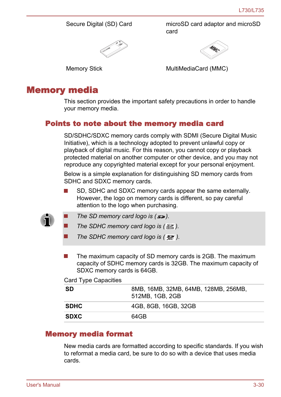 Memory media, Points to note about the memory media card, Memory media format | Memory media -30 | Toshiba Satellite L730 User Manual | Page 67 / 161