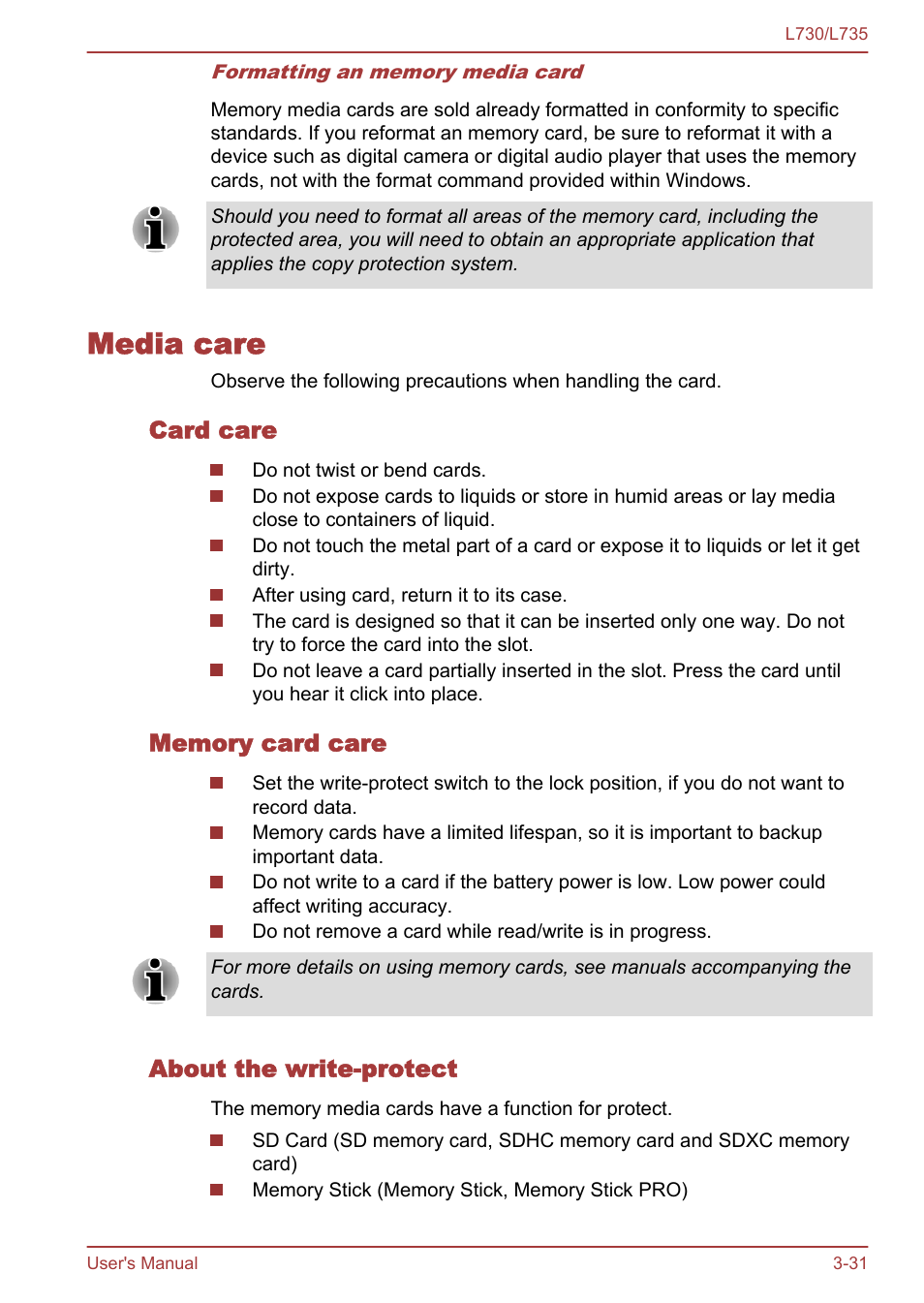 Media care, Card care, Memory card care | About the write-protect, Media care -31 | Toshiba Satellite L730 User Manual | Page 68 / 161