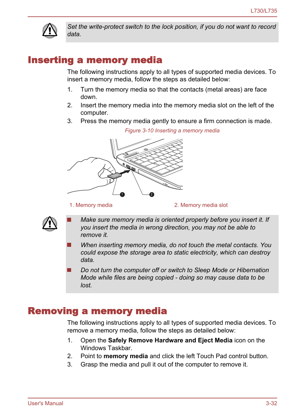 Inserting a memory media, Removing a memory media | Toshiba Satellite L730 User Manual | Page 69 / 161