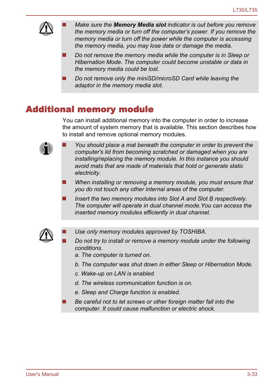 Additional memory module, Additional memory module -33 | Toshiba Satellite L730 User Manual | Page 70 / 161