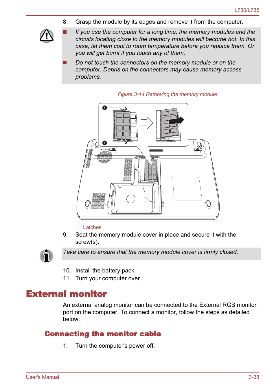 External monitor, Connecting the monitor cable, External monitor -38 | Toshiba Satellite L730 User Manual | Page 75 / 161