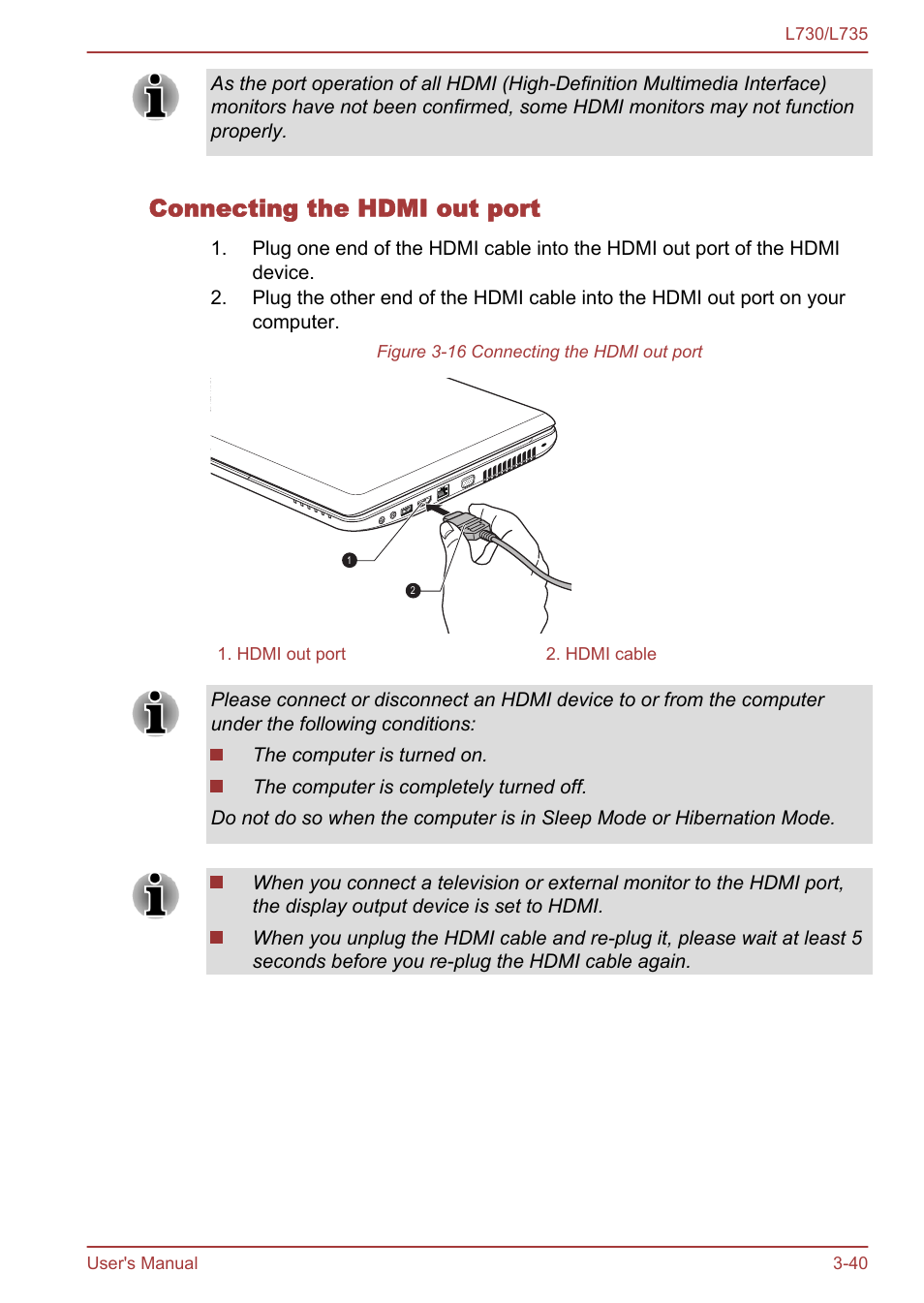 Connecting the hdmi out port | Toshiba Satellite L730 User Manual | Page 77 / 161