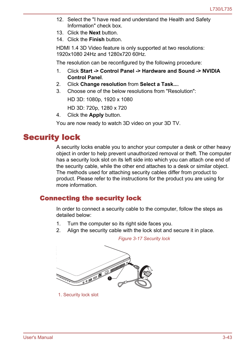 Security lock, Connecting the security lock, Security lock -43 | Toshiba Satellite L730 User Manual | Page 80 / 161