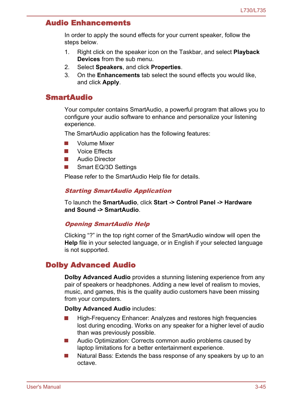 Audio enhancements, Smartaudio, Dolby advanced audio | Toshiba Satellite L730 User Manual | Page 82 / 161