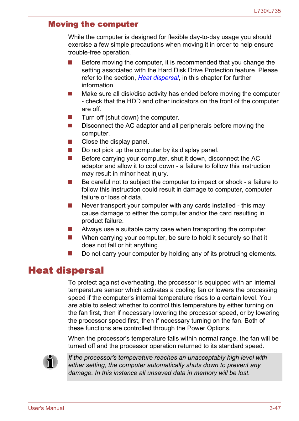 Moving the computer, Heat dispersal, Heat dispersal -47 | Toshiba Satellite L730 User Manual | Page 84 / 161