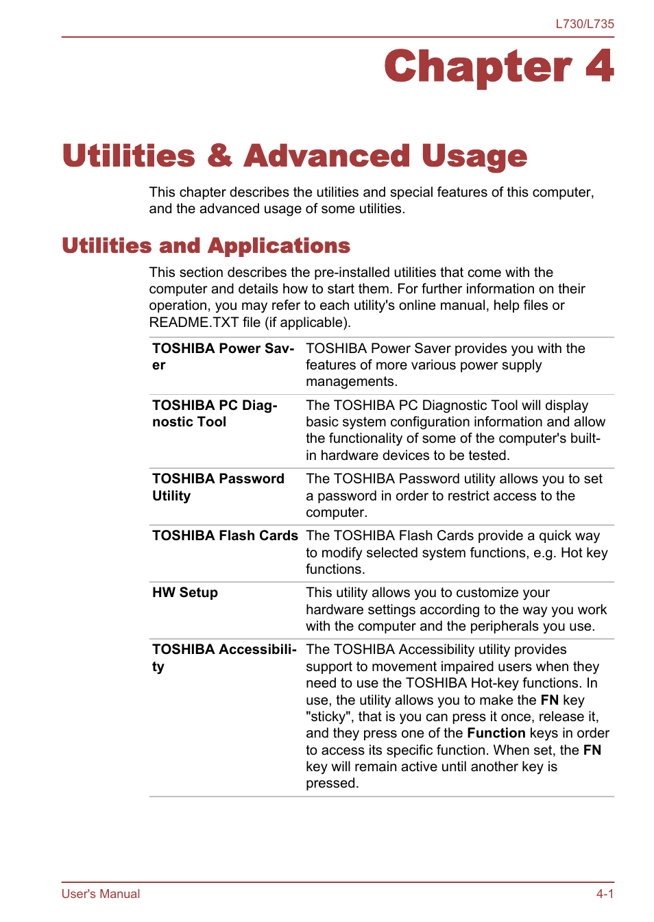 Chapter 4 utilities & advanced usage, Utilities and applications, Chapter 4 | Utilities & advanced usage, Utilities and applications -1 | Toshiba Satellite L730 User Manual | Page 85 / 161