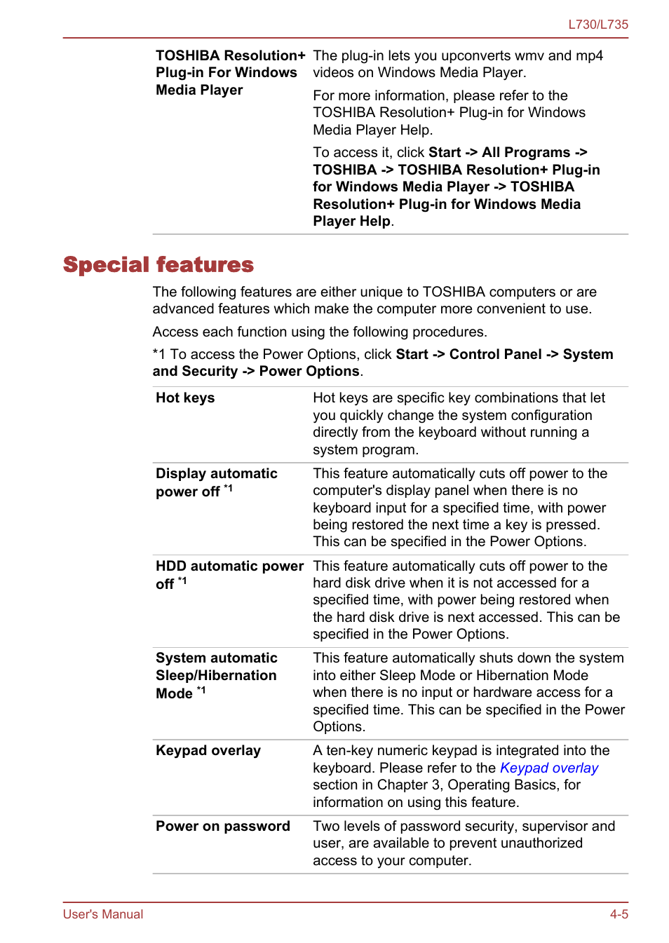 Special features, Special features -5 | Toshiba Satellite L730 User Manual | Page 89 / 161