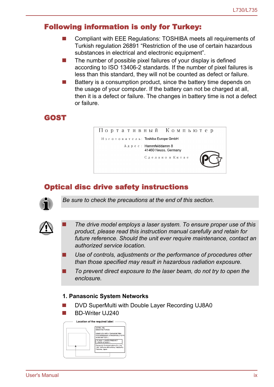 Following information is only for turkey, Gost optical disc drive safety instructions | Toshiba Satellite L730 User Manual | Page 9 / 161