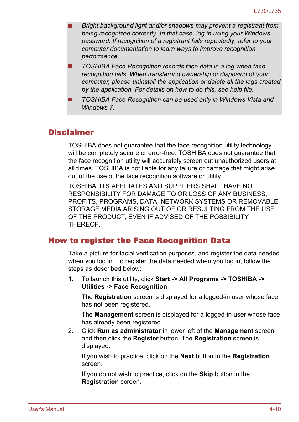 Disclaimer, How to register the face recognition data | Toshiba Satellite L730 User Manual | Page 94 / 161