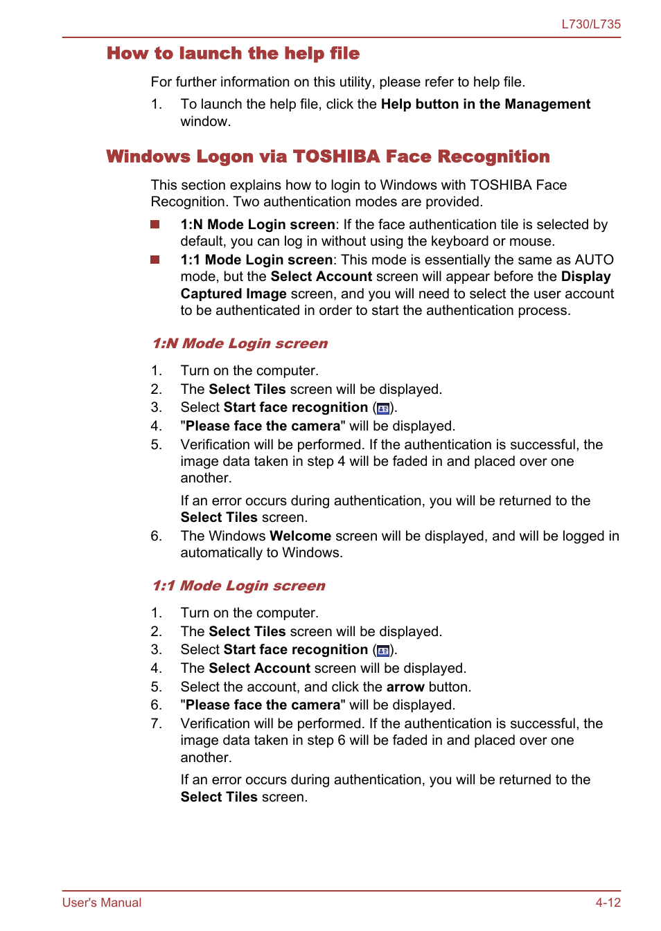 How to launch the help file, Windows logon via toshiba face recognition | Toshiba Satellite L730 User Manual | Page 96 / 161