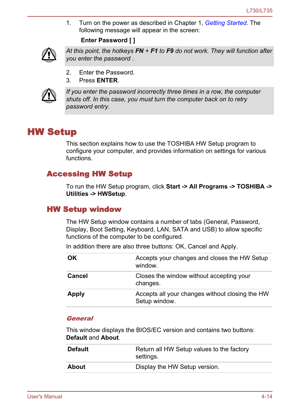 Hw setup, Accessing hw setup, Hw setup window | Hw setup -14 | Toshiba Satellite L730 User Manual | Page 98 / 161