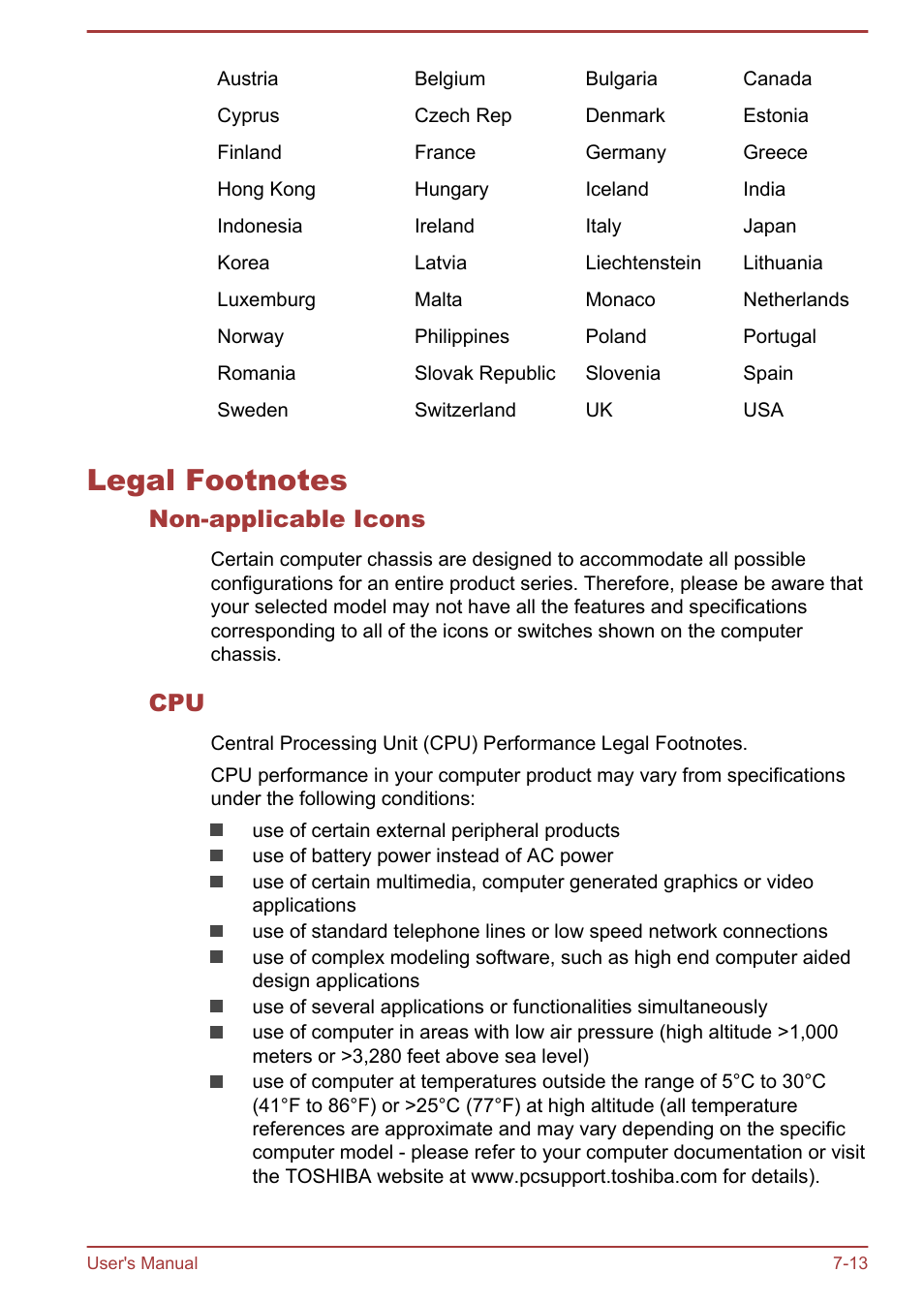 Legal footnotes, Non-applicable icons, Legal footnotes -13 | Legal, Footnotes, Section | Toshiba Satellite L50T-A User Manual | Page 133 / 139