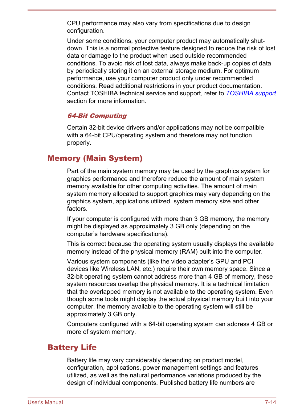 Memory (main system), Battery life | Toshiba Satellite L50T-A User Manual | Page 134 / 139