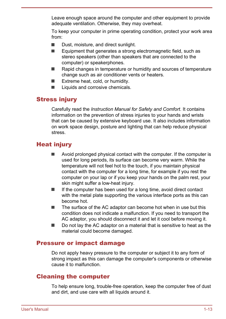 Stress injury, Heat injury, Pressure or impact damage | Cleaning the computer | Toshiba Satellite L50T-A User Manual | Page 16 / 139
