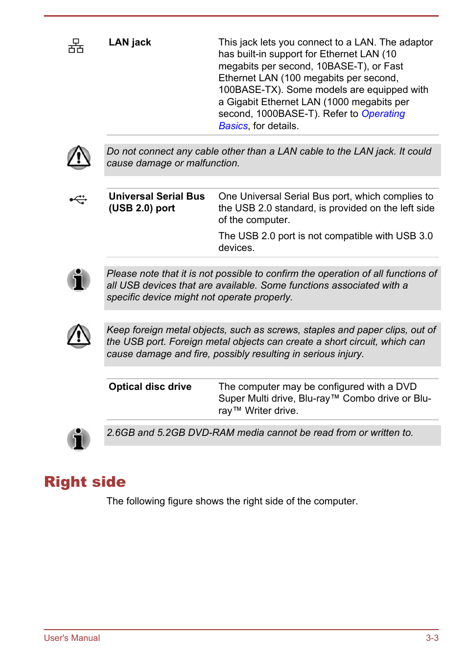 Right side, Right side -3 | Toshiba Satellite L50T-A User Manual | Page 33 / 139