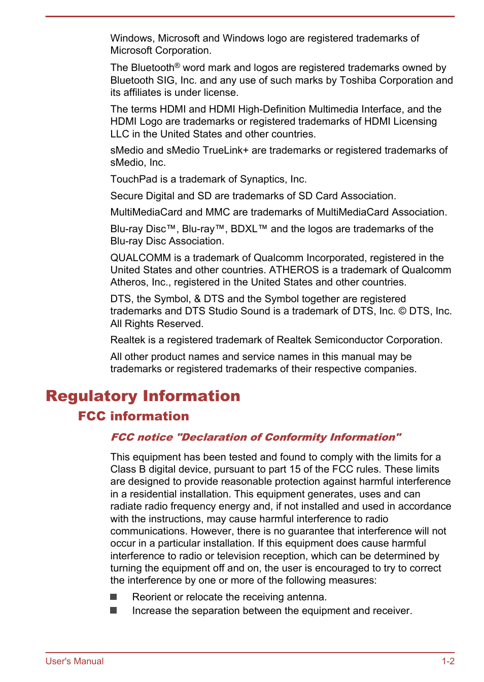 Regulatory information, Fcc information, Regulatory information -2 | Toshiba Satellite L50T-A User Manual | Page 5 / 139
