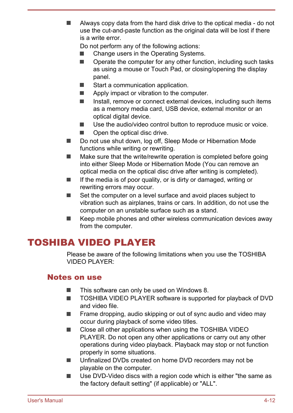 Toshiba video player, Notes on use, Toshiba video player -12 | Toshiba Satellite L50T-A User Manual | Page 58 / 139