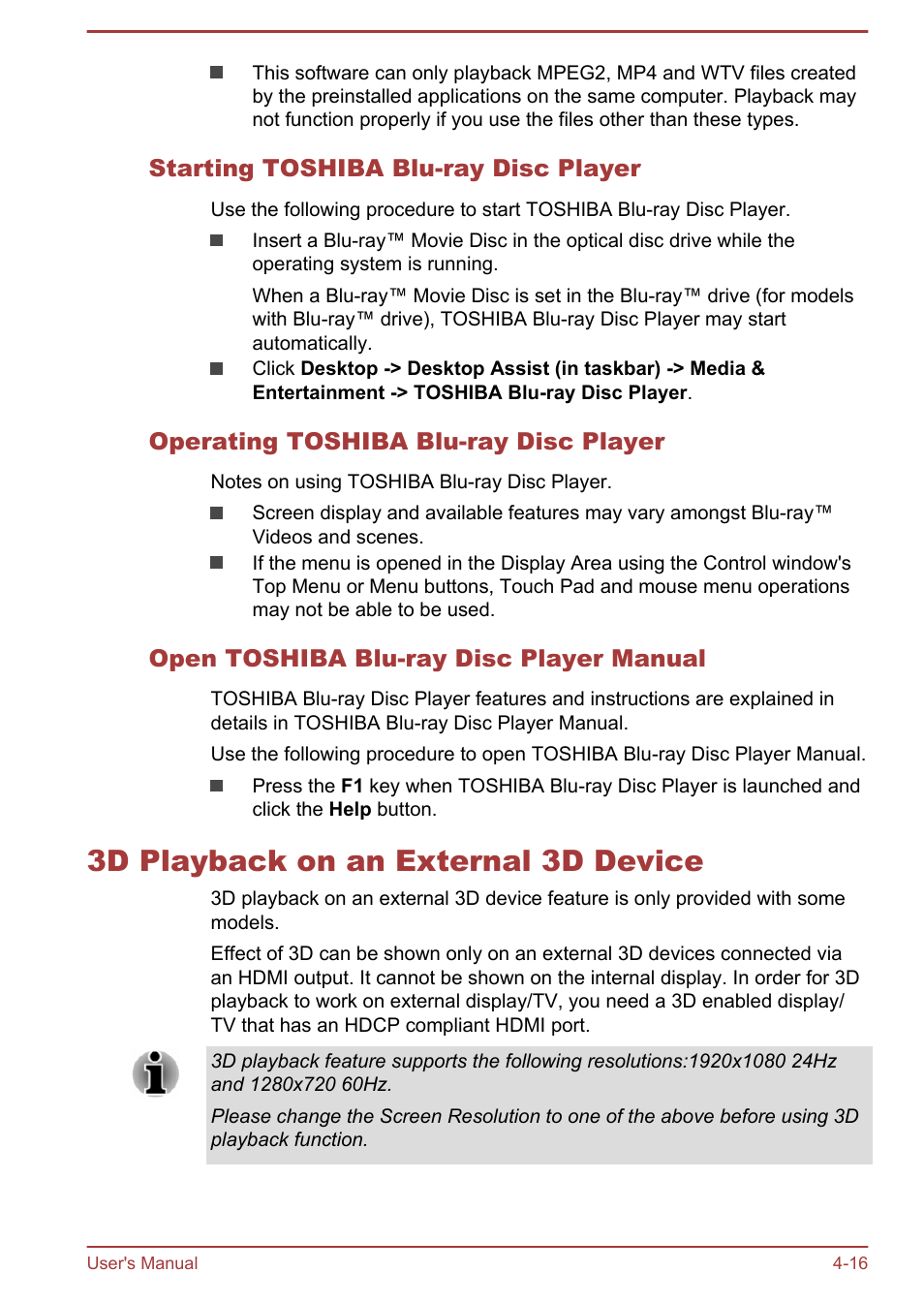 Starting toshiba blu-ray disc player, Operating toshiba blu-ray disc player, Open toshiba blu-ray disc player manual | 3d playback on an external 3d device, 3d playback on an external 3d device -16 | Toshiba Satellite L50T-A User Manual | Page 62 / 139