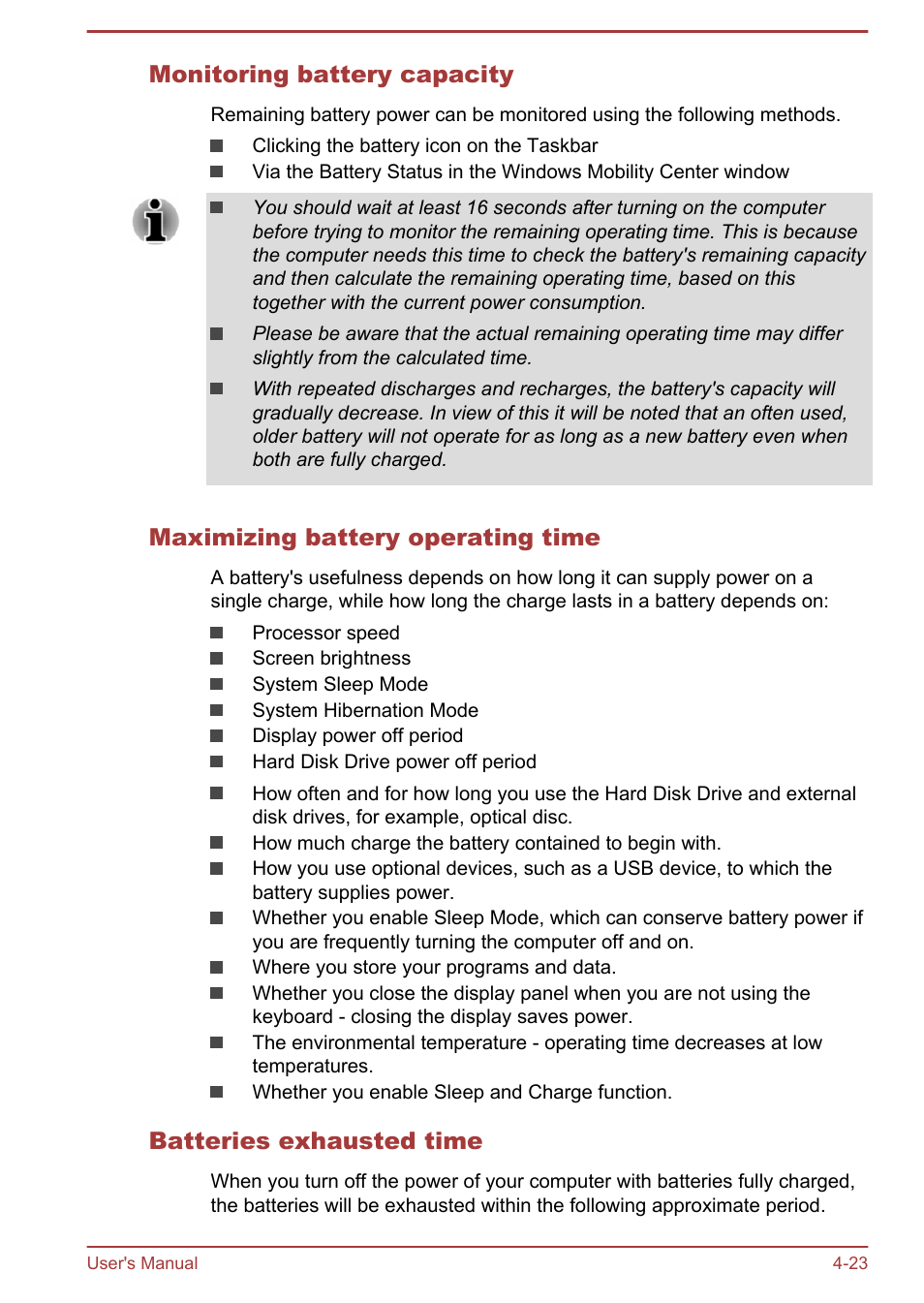 Monitoring battery capacity, Maximizing battery operating time, Batteries exhausted time | Toshiba Satellite L50T-A User Manual | Page 69 / 139