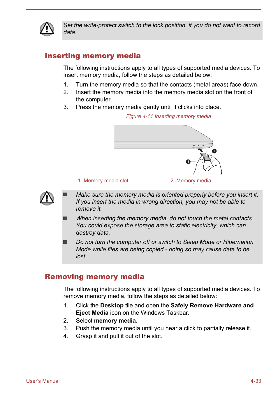 Inserting memory media, Removing memory media | Toshiba Satellite L50T-A User Manual | Page 79 / 139
