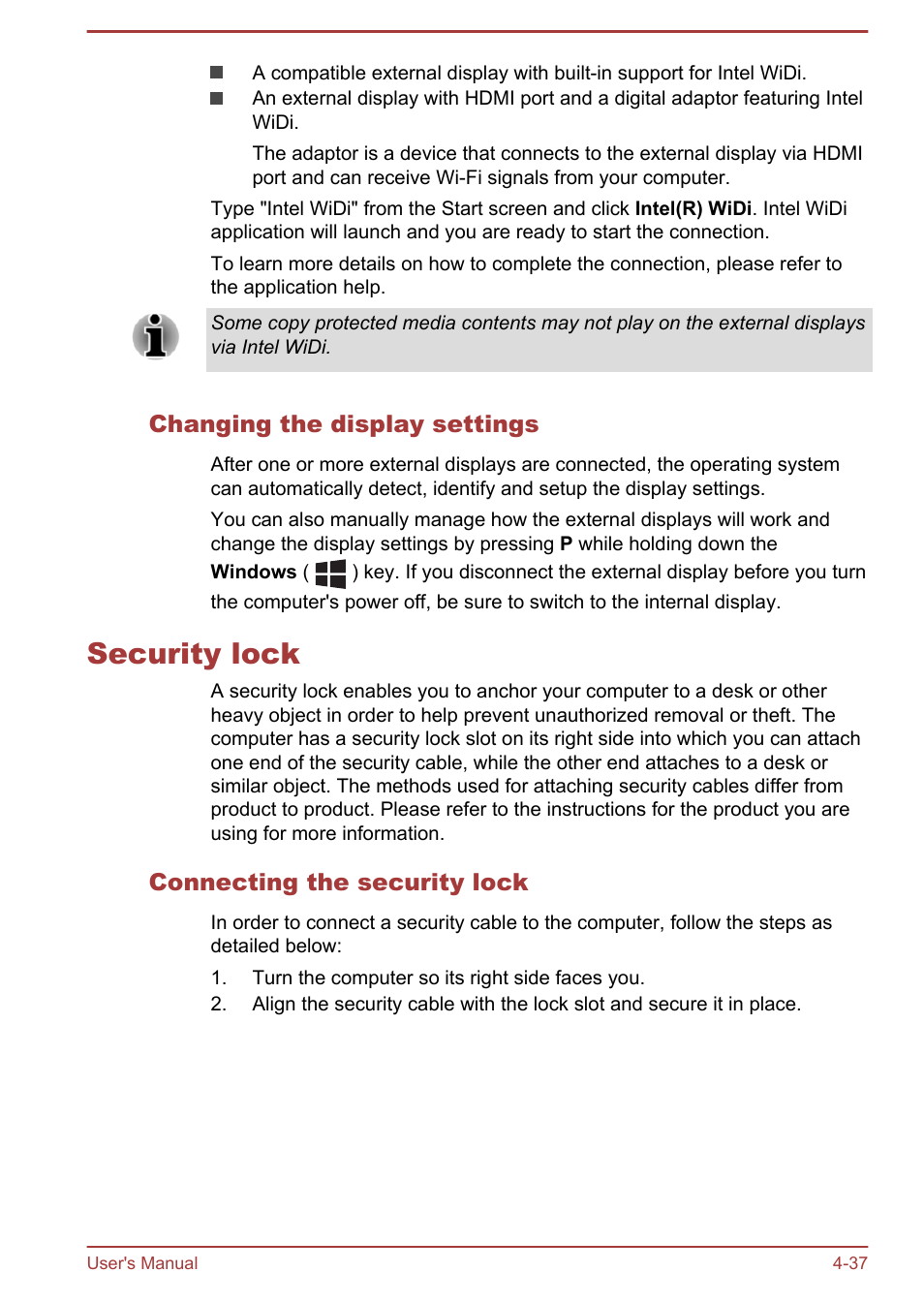 Changing the display settings, Security lock, Connecting the security lock | Security lock -37 | Toshiba Satellite L50T-A User Manual | Page 83 / 139