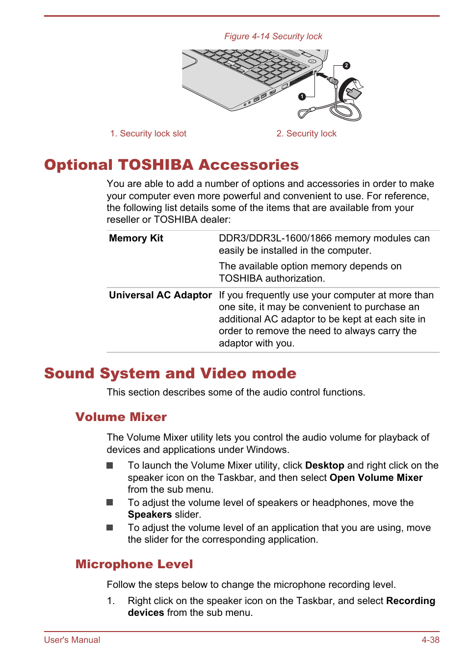 Optional toshiba accessories, Sound system and video mode, Volume mixer | Microphone level, To the | Toshiba Satellite L50T-A User Manual | Page 84 / 139