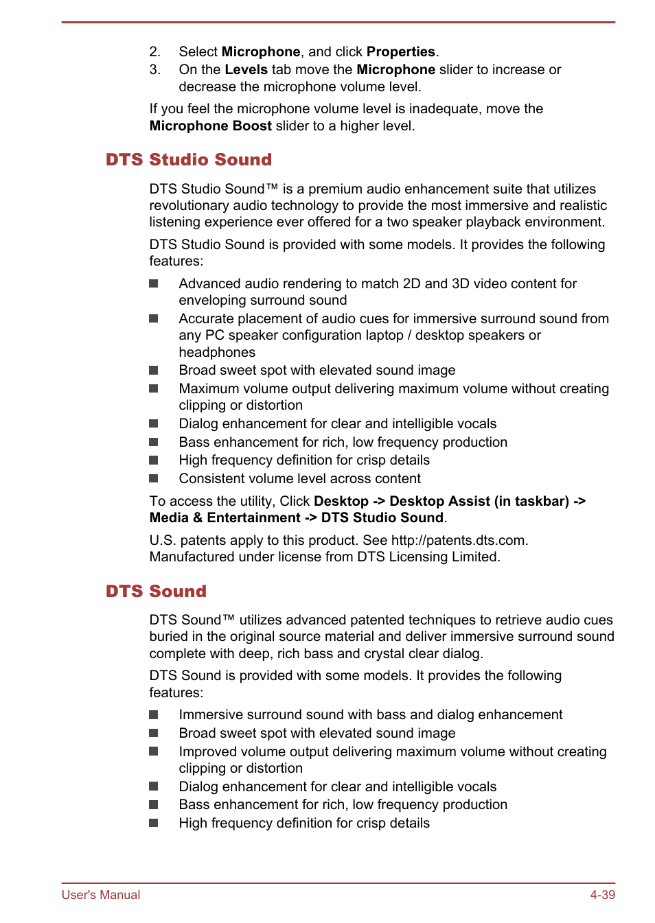 Dts studio sound, Dts sound | Toshiba Satellite L50T-A User Manual | Page 85 / 139