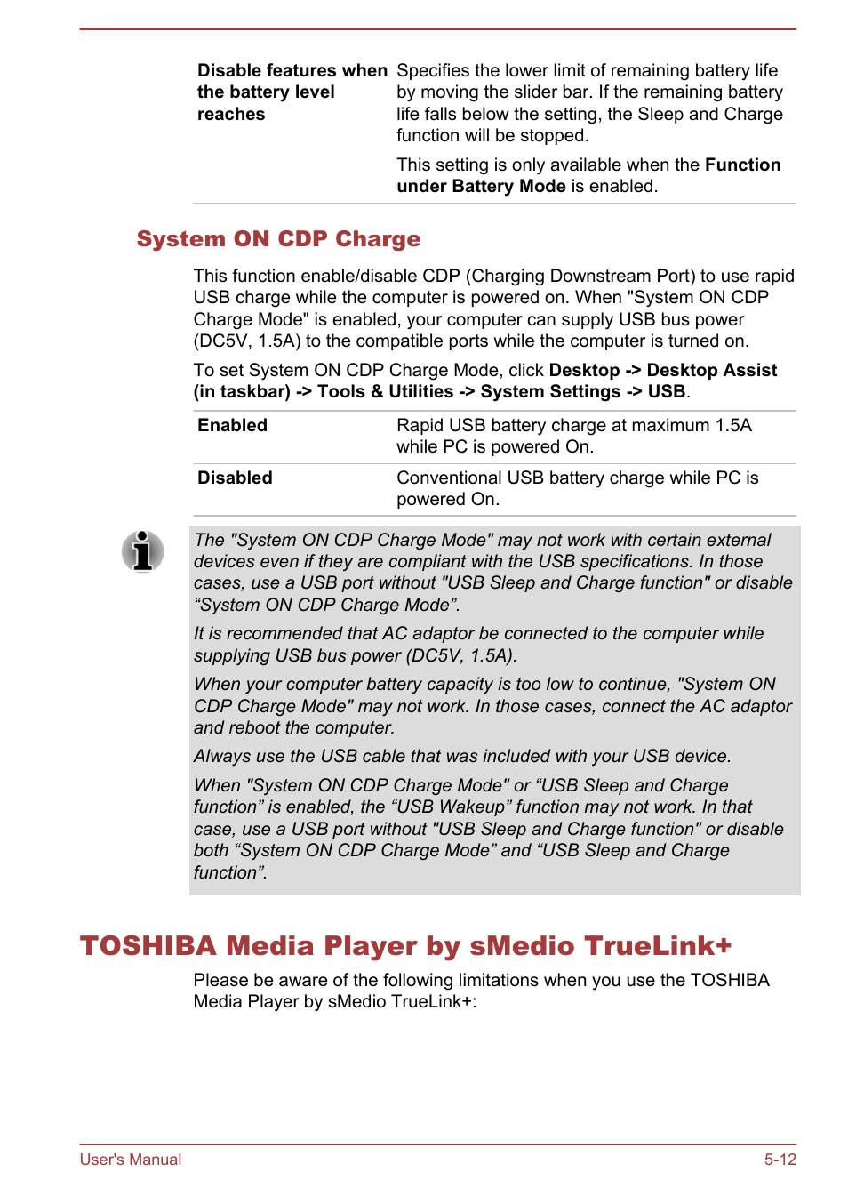 System on cdp charge, Toshiba media player by smedio truelink, Toshiba media player by smedio truelink+ -12 | Toshiba Satellite L50T-A User Manual | Page 99 / 139