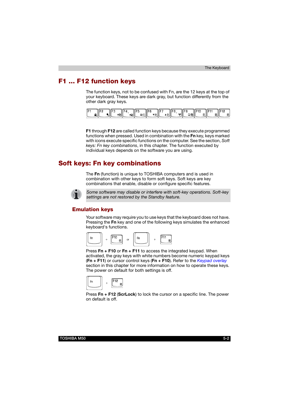 F1 ... f12 function keys, Soft keys: fn key combinations, Emulation keys | Toshiba Satellite M50 (PSM53) User Manual | Page 103 / 179