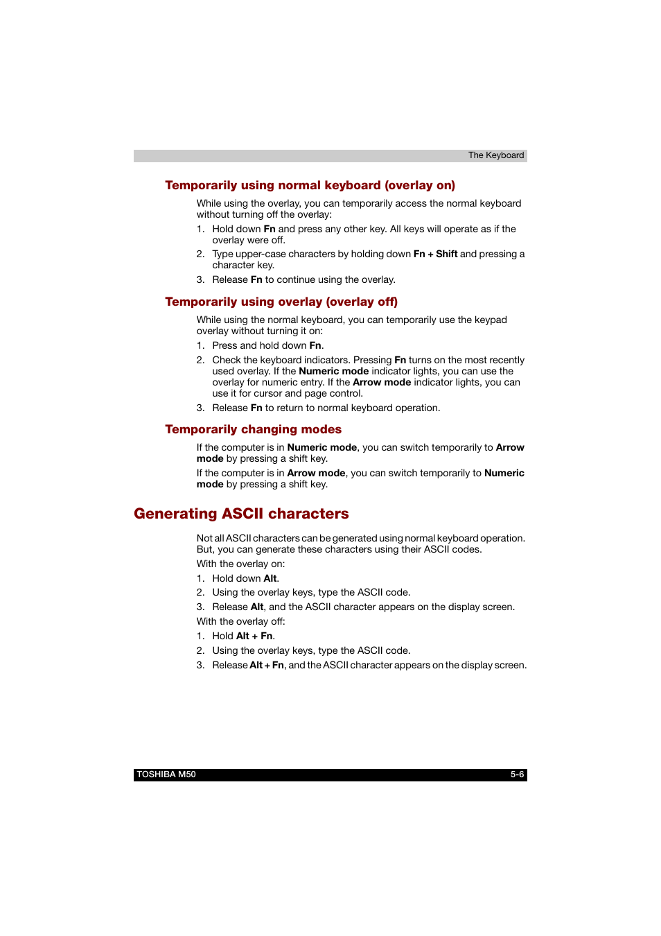 Temporarily using normal keyboard (overlay on), Temporarily using overlay (overlay off), Temporarily changing modes | Generating ascii characters, Generating ascii characters -6 | Toshiba Satellite M50 (PSM53) User Manual | Page 107 / 179