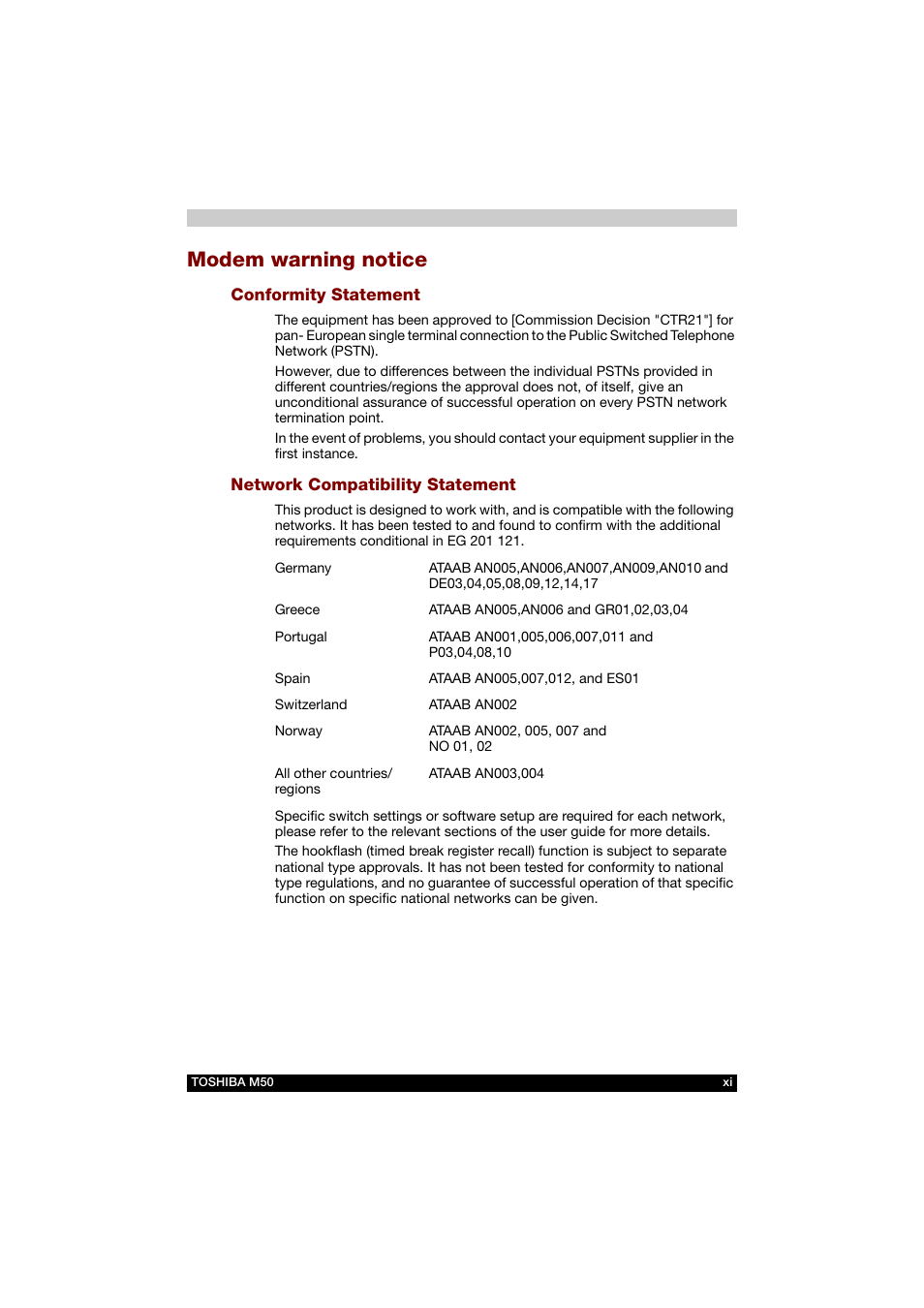 Modem warning notice | Toshiba Satellite M50 (PSM53) User Manual | Page 11 / 179