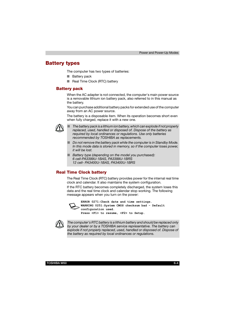 Battery types, Battery pack, Real time clock battery | Battery types -4 | Toshiba Satellite M50 (PSM53) User Manual | Page 111 / 179