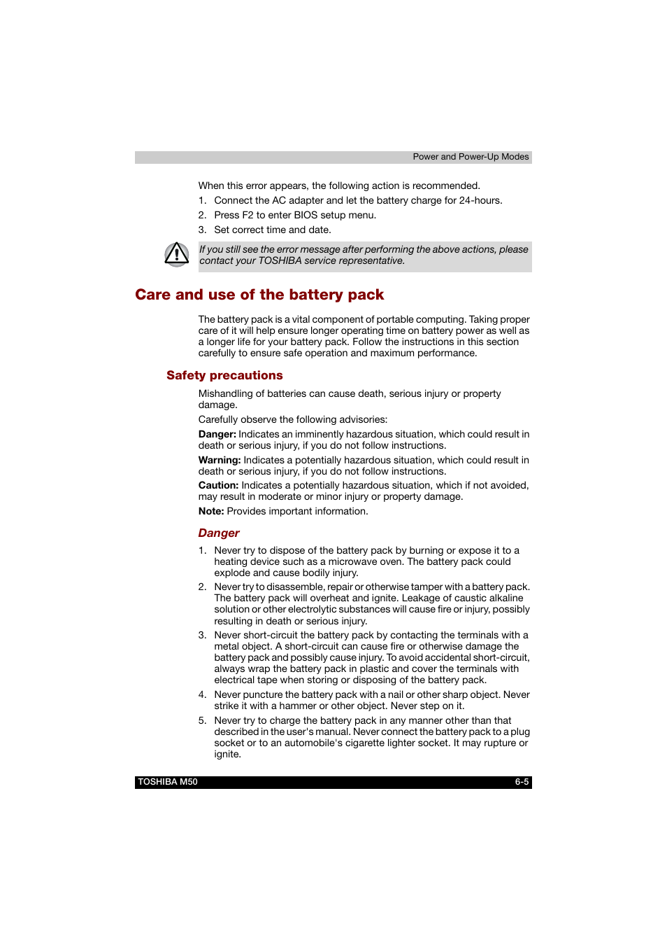 Care and use of the battery pack, Safety precautions, Care and use of the battery pack -5 | Toshiba Satellite M50 (PSM53) User Manual | Page 112 / 179