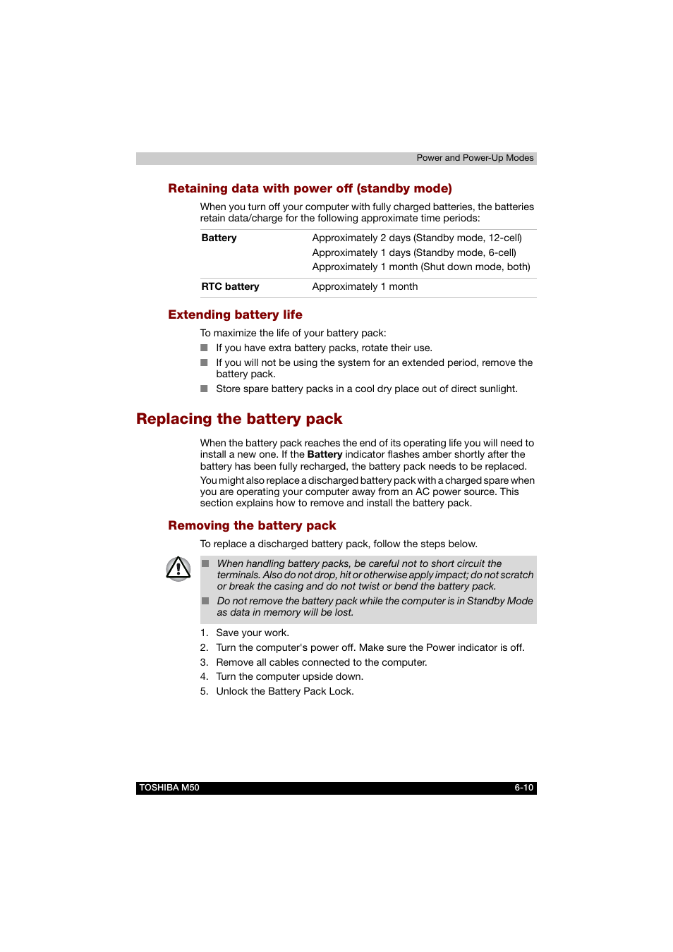 Retaining data with power off (standby mode), Extending battery life, Replacing the battery pack | Removing the battery pack, Replacing the battery pack -10 | Toshiba Satellite M50 (PSM53) User Manual | Page 117 / 179